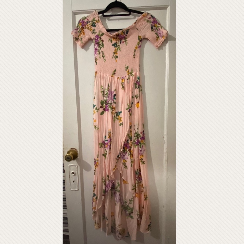 light pink smocked off the shoulders maxi dress